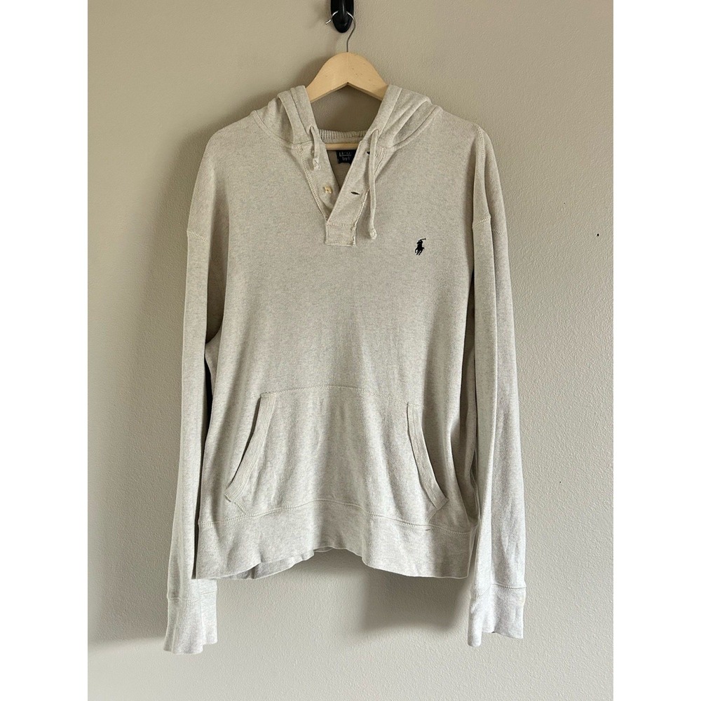 Polo Ralph Lauren Men's Beige Cotton Henley Hoodie Button Front Size XL